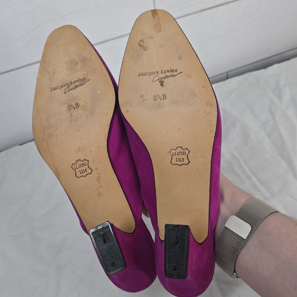 Vintage Jacques Levine Couture Suede Mules Fuchsia Pink Kitten Heels 8.5 B - Picture 10 of 11